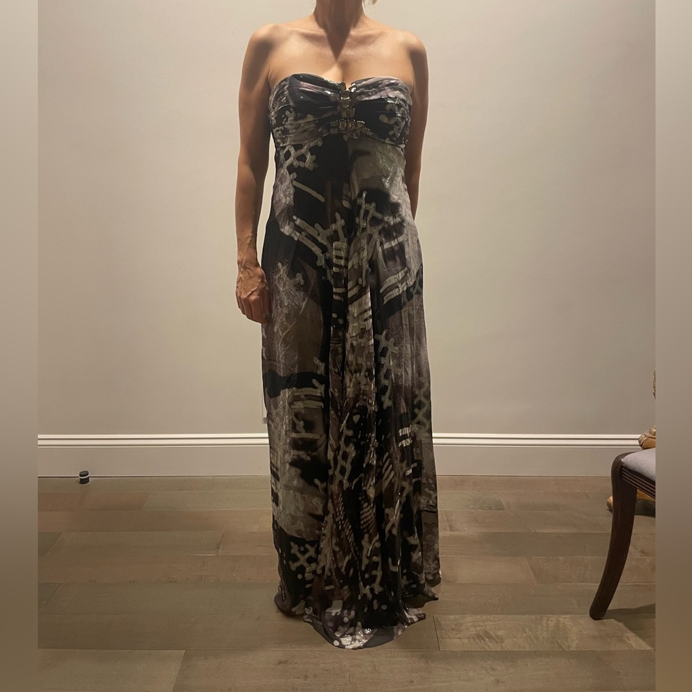 Strapless Black & Gray Printed Maxi Dress